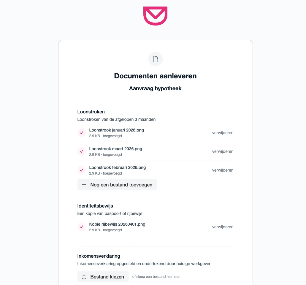 Beveiligde uploadpagina in de browser waarop een klant de gevraagde documenten aanlevert