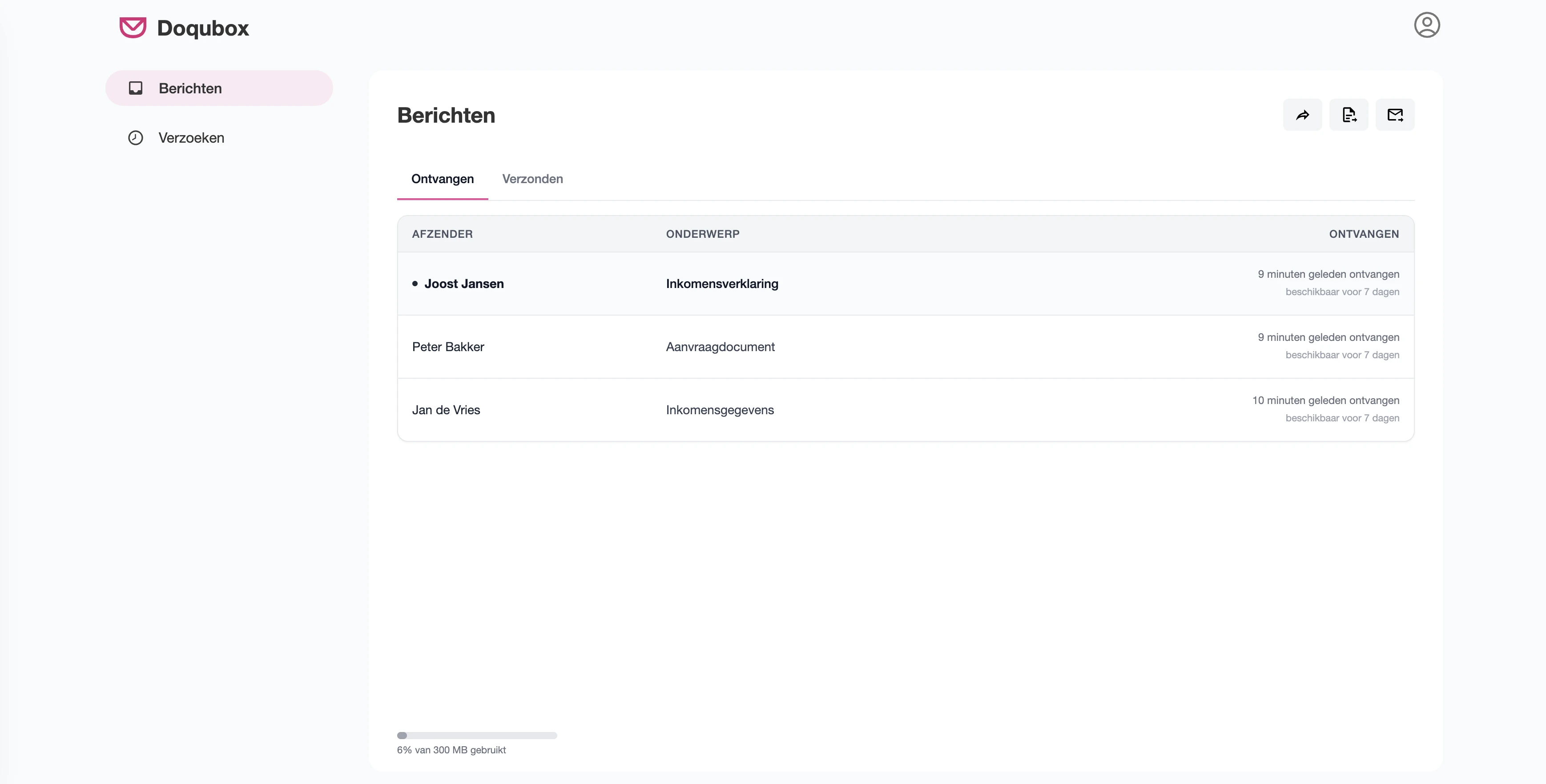 Doqubox-inbox met veilig ontvangen documenten op desktop