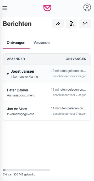 Doqubox-inbox met veilig ontvangen documenten