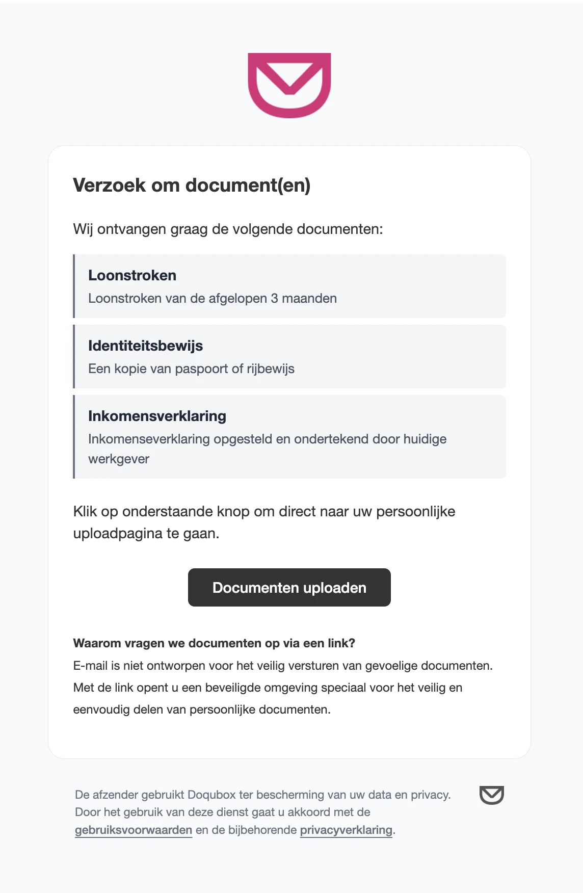 E-mail met een persoonlijk documentverzoek dat via Doqubox naar een klant wordt verstuurd