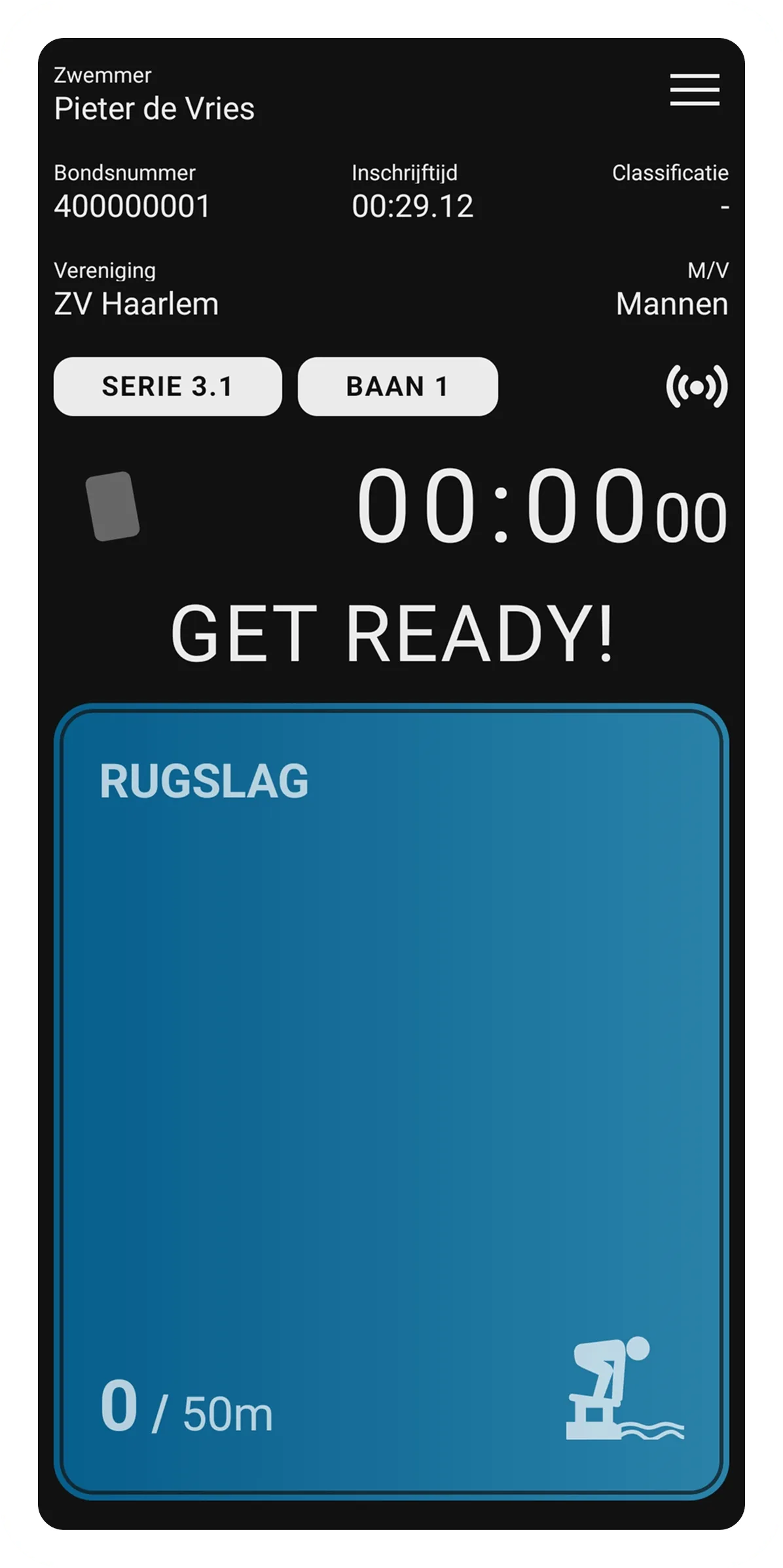 Start van een wedstrijd in KNZB Compete app in donkere modus