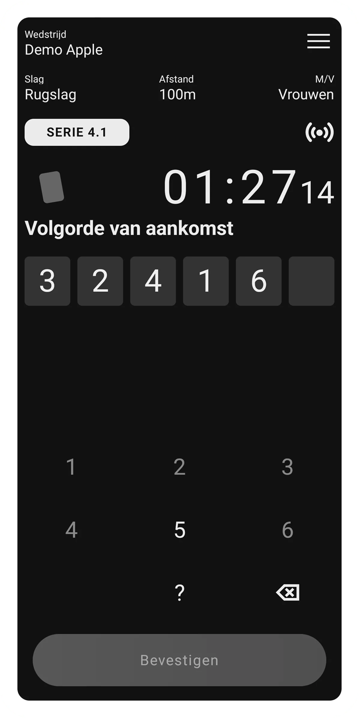 Wedstrijd die wordt afgerond in KNZB Compete app in donkere modus