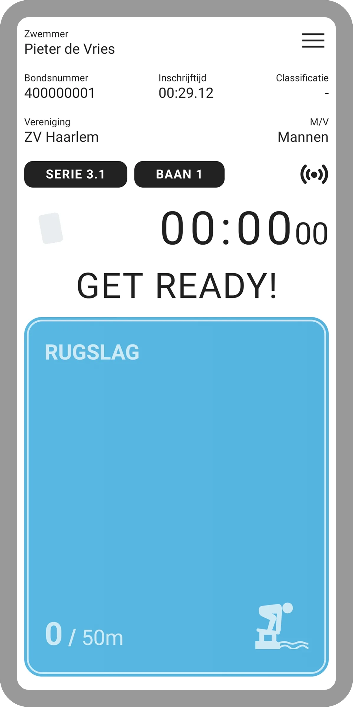 Start van een wedstrijd in KNZB Compete app in lichte modus