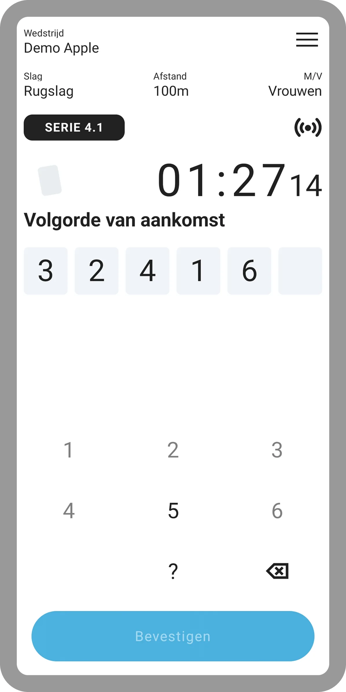 Wedstrijd die wordt afgerond in KNZB Compete app in lichte modus